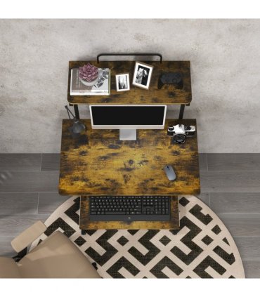 HOMCOM Rolling Computer Desk with Keyboard Tray Storage Shelves Rustic Brown