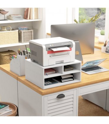 HOMCOM Desktop Printer Stand with 3 Open Compartments, Desk Organiser, White