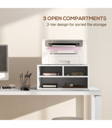 HOMCOM Desktop Printer Stand with 3 Open Compartments, Desk Organiser, White