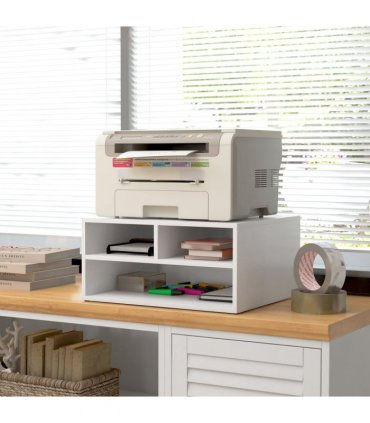HOMCOM Desktop Printer Stand with 3 Open Compartments, Desk Organiser, White