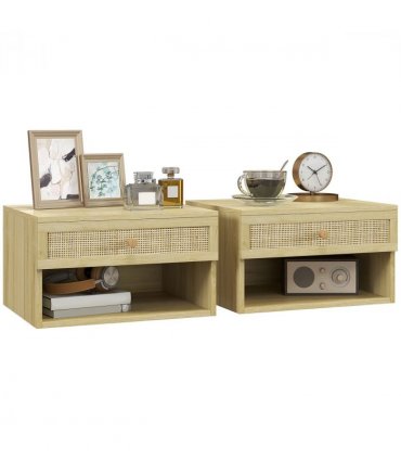 Floating Nightstands Set of 2 with Rattan Drawer and Storage Shelf for Bedroom