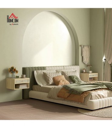 Floating Nightstands Set of 2 with Rattan Drawer and Storage Shelf for Bedroom