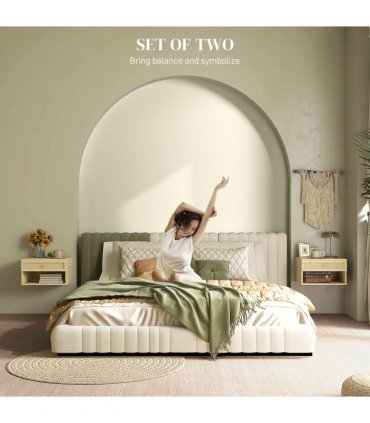 Floating Nightstands Set of 2 with Rattan Drawer and Storage Shelf for Bedroom