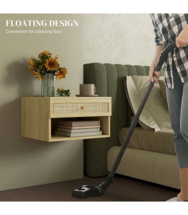 Floating Nightstands Set of 2 with Rattan Drawer and Storage Shelf for Bedroom