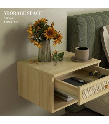 Floating Nightstands Set of 2 with Rattan Drawer and Storage Shelf for Bedroom