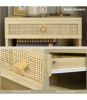 Floating Nightstands Set of 2 with Rattan Drawer and Storage Shelf for Bedroom