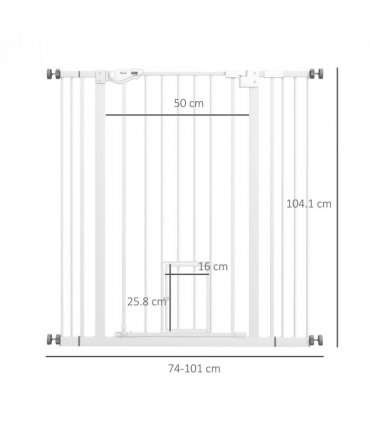 PawHut Extra Tall Dog Gate with Cat Door Auto Close for Stairs 74-101 cm Wide