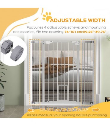 PawHut Extra Tall Dog Gate with Cat Door Auto Close for Stairs 74-101 cm Wide
