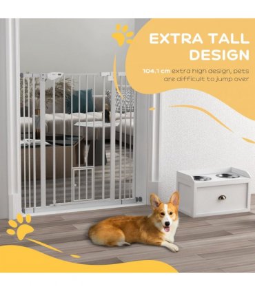 PawHut Extra Tall Dog Gate with Cat Door Auto Close for Stairs 74-101 cm Wide