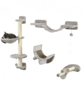 PawHut 4PCs Cat Wall Furniture with Hammock, Ladder, Platforms, Steps, Grey