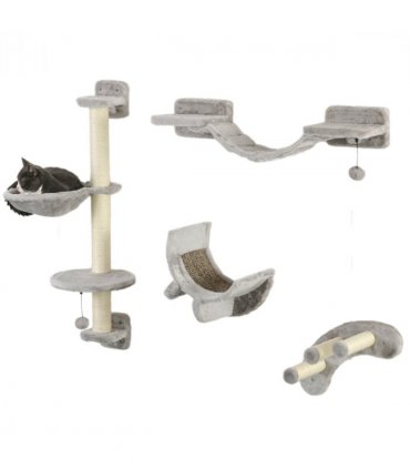PawHut 4PCs Cat Wall Furniture with Hammock, Ladder, Platforms, Steps, Grey