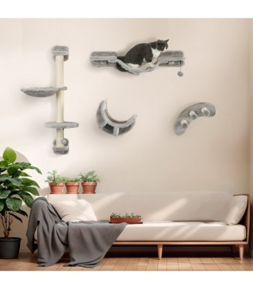 PawHut 4PCs Cat Wall Furniture with Hammock, Ladder, Platforms, Steps, Grey