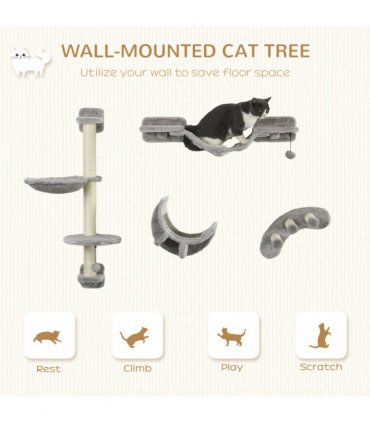 PawHut 4PCs Cat Wall Furniture with Hammock, Ladder, Platforms, Steps, Grey