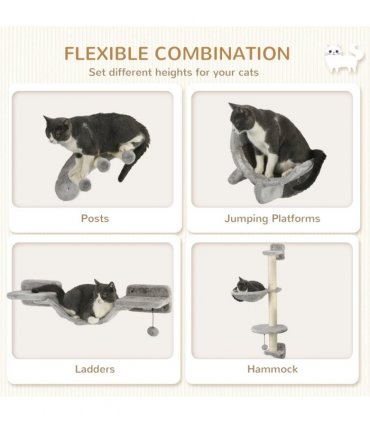 PawHut 4PCs Cat Wall Furniture with Hammock, Ladder, Platforms, Steps, Grey