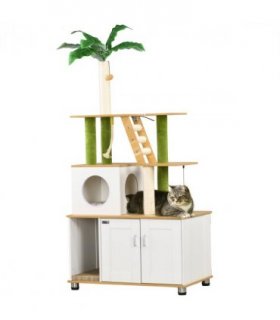 PawHut 2 in 1 Hidden Litter Box with Green Leaf Cat Tree, Indoor, Oak