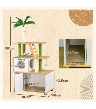 PawHut 2 in 1 Hidden Litter Box with Green Leaf Cat Tree, Indoor, Oak