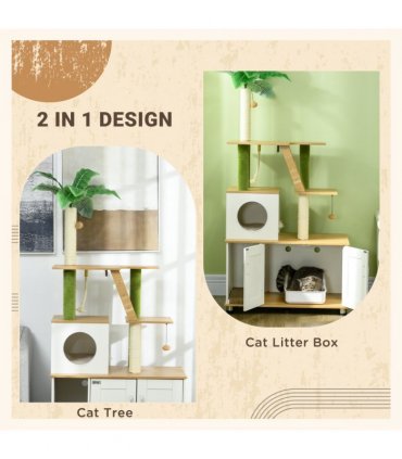 PawHut 2 in 1 Hidden Litter Box with Green Leaf Cat Tree, Indoor, Oak