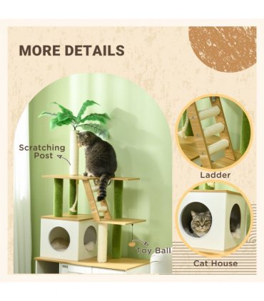 PawHut 2 in 1 Hidden Litter Box with Green Leaf Cat Tree, Indoor, Oak