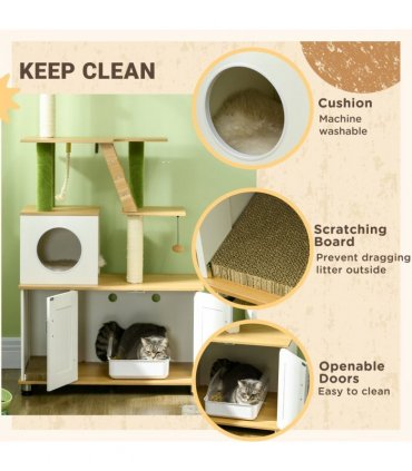 PawHut 2 in 1 Hidden Litter Box with Green Leaf Cat Tree, Indoor, Oak