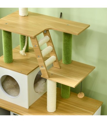 PawHut 2 in 1 Hidden Litter Box with Green Leaf Cat Tree, Indoor, Oak