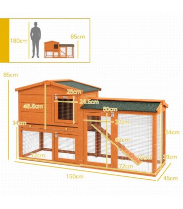 PawHut Wooden Rabbit Hutch with Run, Ramp, Slide-out Tray, Orange
