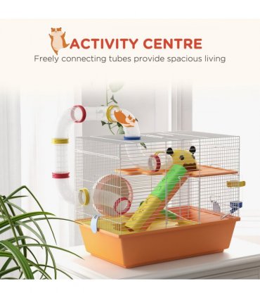 PawHut Hamster Cage, 3 Tiers Gerbil Cage for Dwarf Hamsters with Tubes, Ladder