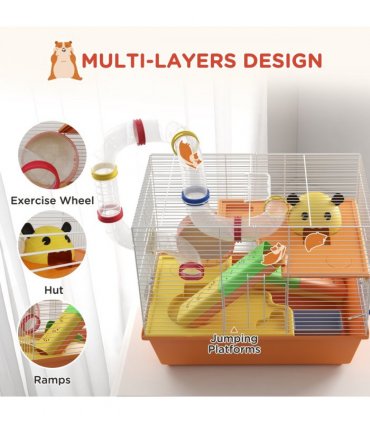 PawHut Hamster Cage, 3 Tiers Gerbil Cage for Dwarf Hamsters with Tubes, Ladder