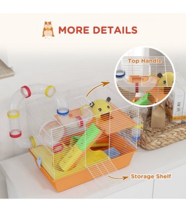 PawHut Hamster Cage, 3 Tiers Gerbil Cage for Dwarf Hamsters with Tubes, Ladder