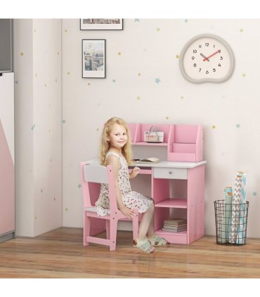 ZONEKIZ Kids Desk and Chair Set with Storage for 5-8 Years, Pink