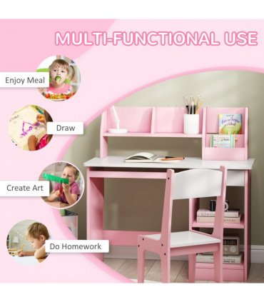 ZONEKIZ Kids Desk and Chair Set with Storage for 5-8 Years, Pink