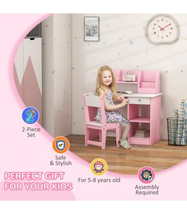 ZONEKIZ Kids Desk and Chair Set with Storage for 5-8 Years, Pink