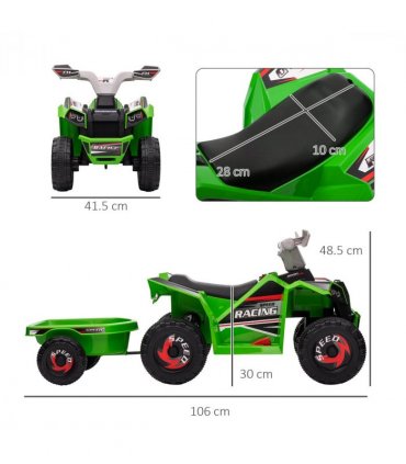 HOMCOM Electric Quad Bike, 6V Kids Ride-On ATV with Back Trailer - Green