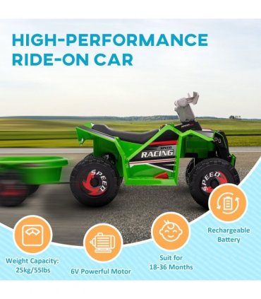 HOMCOM Electric Quad Bike, 6V Kids Ride-On ATV with Back Trailer - Green