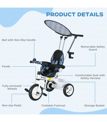 HOMCOM 6 in 1 Kids Tricycle w/ Removable Handle for 1.5 year, Blue