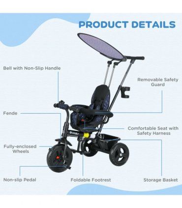 HOMCOM 6 in 1 Kids Tricycle w/ Removable Handle for 1.5 year, Dark Blue