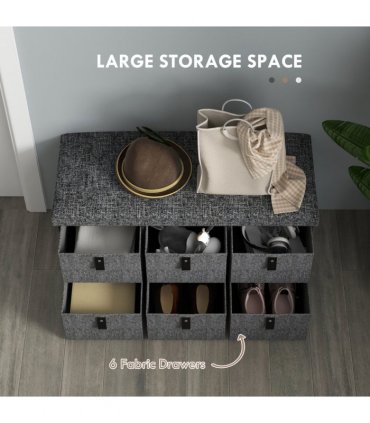 HOMCOM Shoe Bench with Cushioned Seat, 6 Fabric Drawers for Entryway Hallway