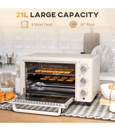HOMCOM Mini Oven 21L Electric Grill w/ Adjustable Temp Timer 1400W, Cream