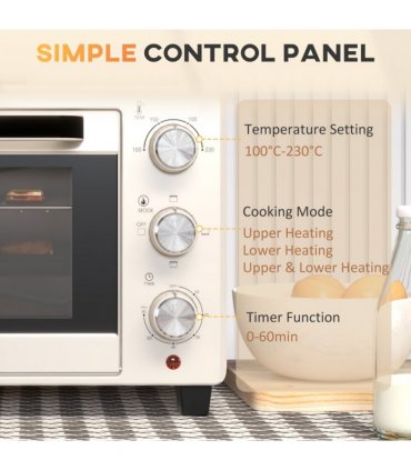 HOMCOM Mini Oven 21L Electric Grill w/ Adjustable Temp Timer 1400W, Cream