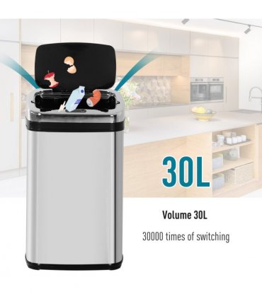 HOMCOM 30L Automatic Kitchen Bin with Lid and Infrared Motion Sensor Silver