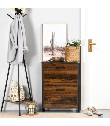 HOMCOM 2 Flip Door Shoe Cabinet with Divider for Entryway Rustic Brown