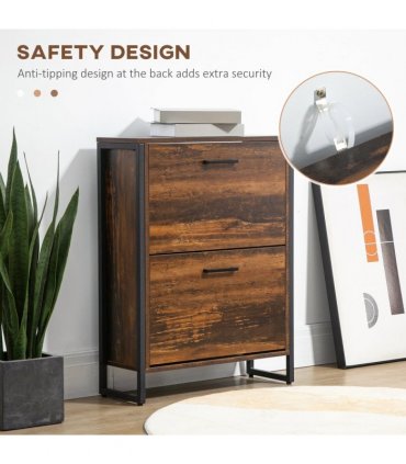 HOMCOM 2 Flip Door Shoe Cabinet with Divider for Entryway Rustic Brown