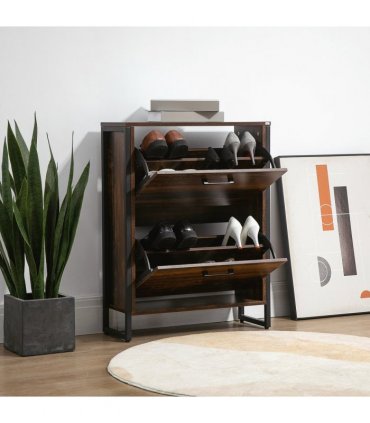 HOMCOM 2 Flip Door Shoe Cabinet with Divider for Entryway Rustic Brown