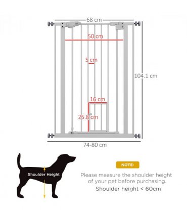PawHut Extra Tall Dog Gate with Cat Door Auto Close for Stairs 74-80 cm Wide