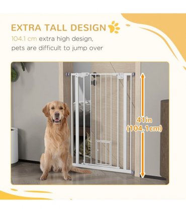 PawHut Extra Tall Dog Gate with Cat Door Auto Close for Stairs 74-80 cm Wide
