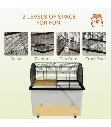 PawHut Hamster Cage, Two-Tier Gerbil Cage w/ Deep Bottom, Ramp, Food Dish