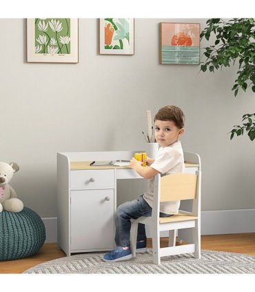 ZONEKIZ Kids Desk and Chair Set for 3-6 Year Old with Storage Drawer, White
