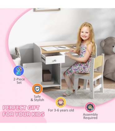 ZONEKIZ Kids Desk and Chair Set for 3-6 Year Old with Storage Drawer, White