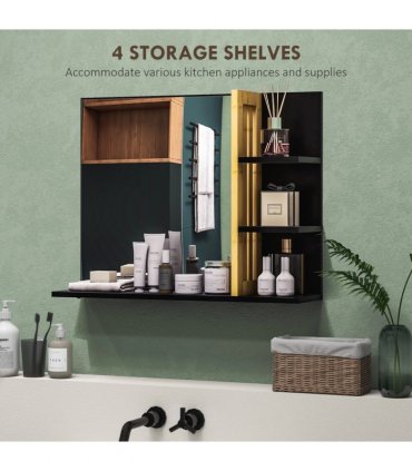 HOMCOM Bathroom Mirror Wall Mount Vanity Mirror with 4 Storage Shelves, Black