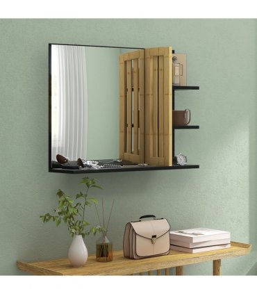 HOMCOM Bathroom Mirror Wall Mount Vanity Mirror with 4 Storage Shelves, Black