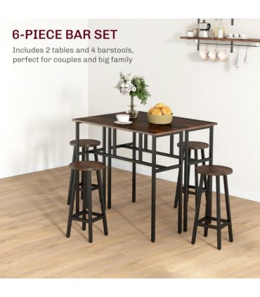 HOMCOM 6-Piece Industrial Bar Table Set, 2 Kitchen Tables with 4 Stools, Brown